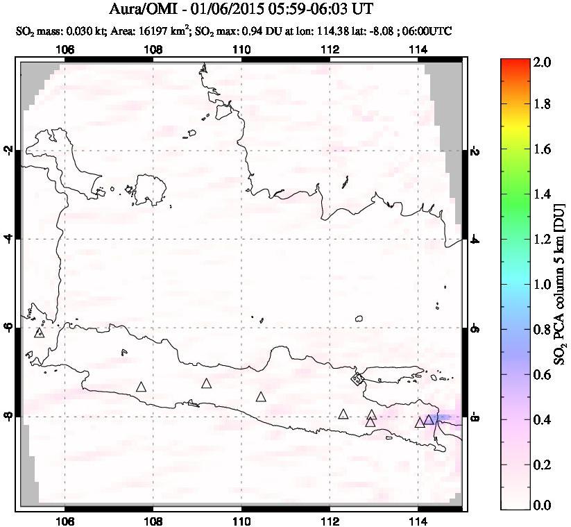 A sulfur dioxide image over Java, Indonesia on Jan 06, 2015.