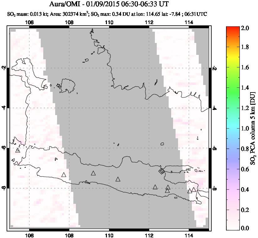 A sulfur dioxide image over Java, Indonesia on Jan 09, 2015.