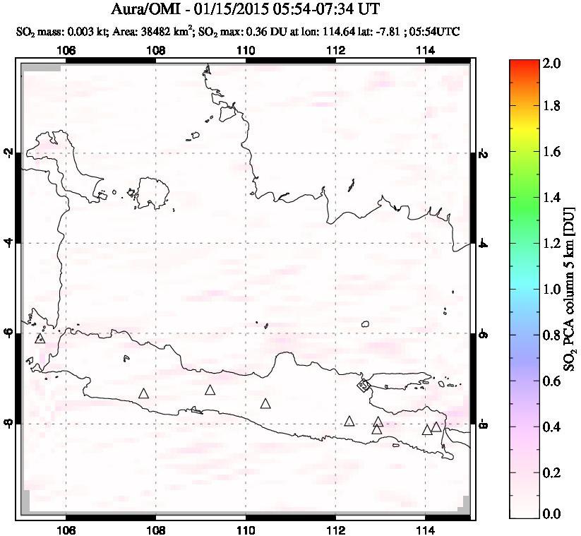 A sulfur dioxide image over Java, Indonesia on Jan 15, 2015.