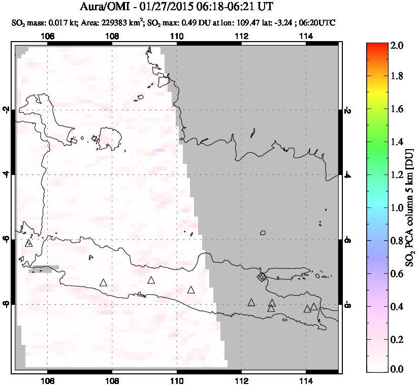 A sulfur dioxide image over Java, Indonesia on Jan 27, 2015.