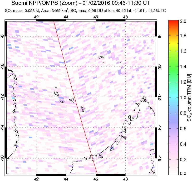 A sulfur dioxide image over Comoro Islands on Jan 02, 2016.
