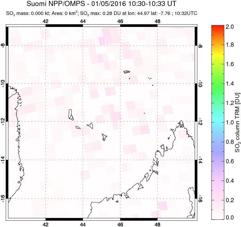 A sulfur dioxide image over Comoro Islands on Jan 05, 2016.