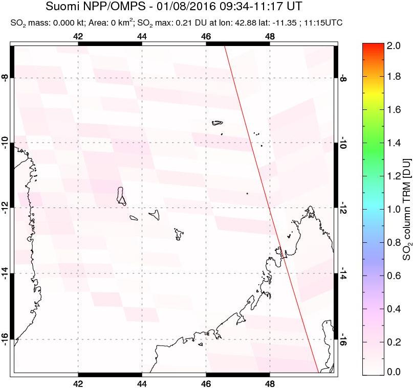 A sulfur dioxide image over Comoro Islands on Jan 08, 2016.