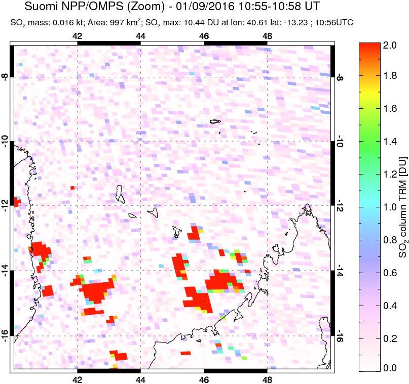 A sulfur dioxide image over Comoro Islands on Jan 09, 2016.