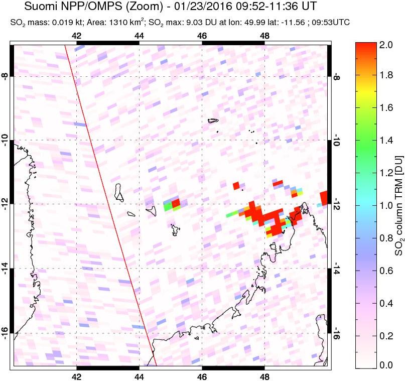 A sulfur dioxide image over Comoro Islands on Jan 23, 2016.