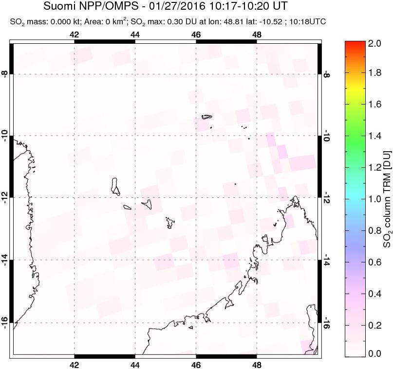 A sulfur dioxide image over Comoro Islands on Jan 27, 2016.