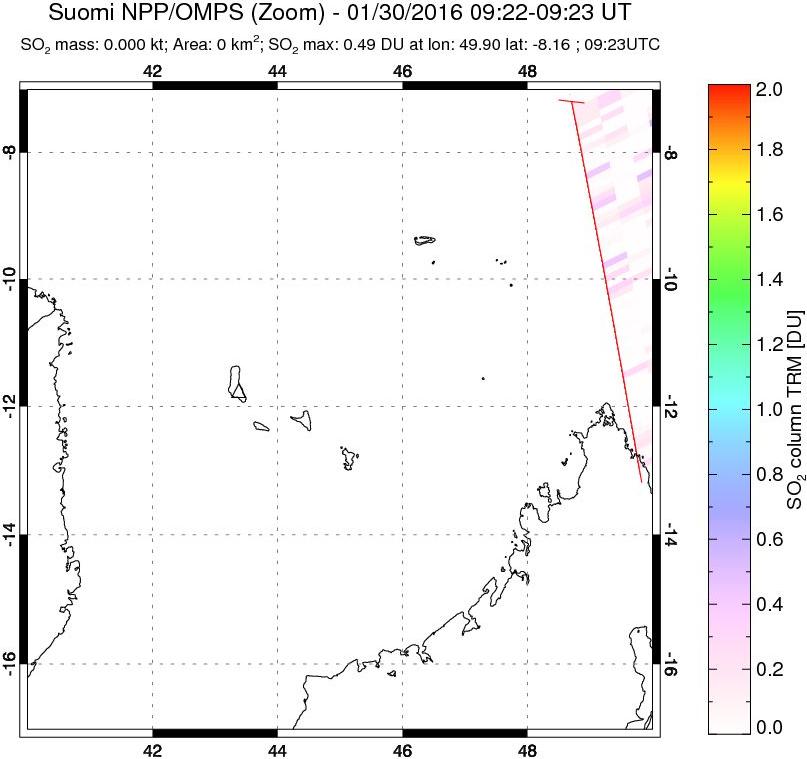A sulfur dioxide image over Comoro Islands on Jan 30, 2016.