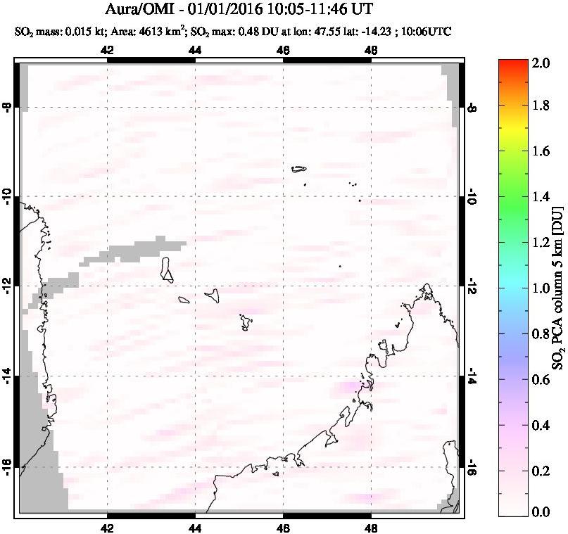 A sulfur dioxide image over Comoro Islands on Jan 01, 2016.