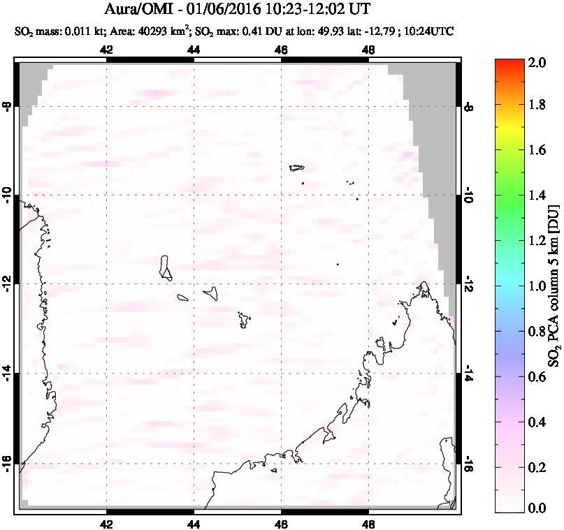 A sulfur dioxide image over Comoro Islands on Jan 06, 2016.