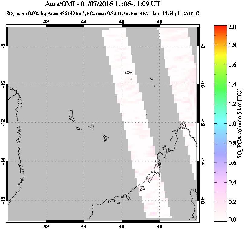 A sulfur dioxide image over Comoro Islands on Jan 07, 2016.