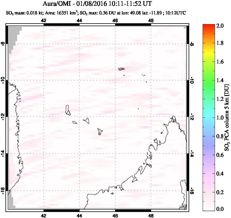 A sulfur dioxide image over Comoro Islands on Jan 08, 2016.