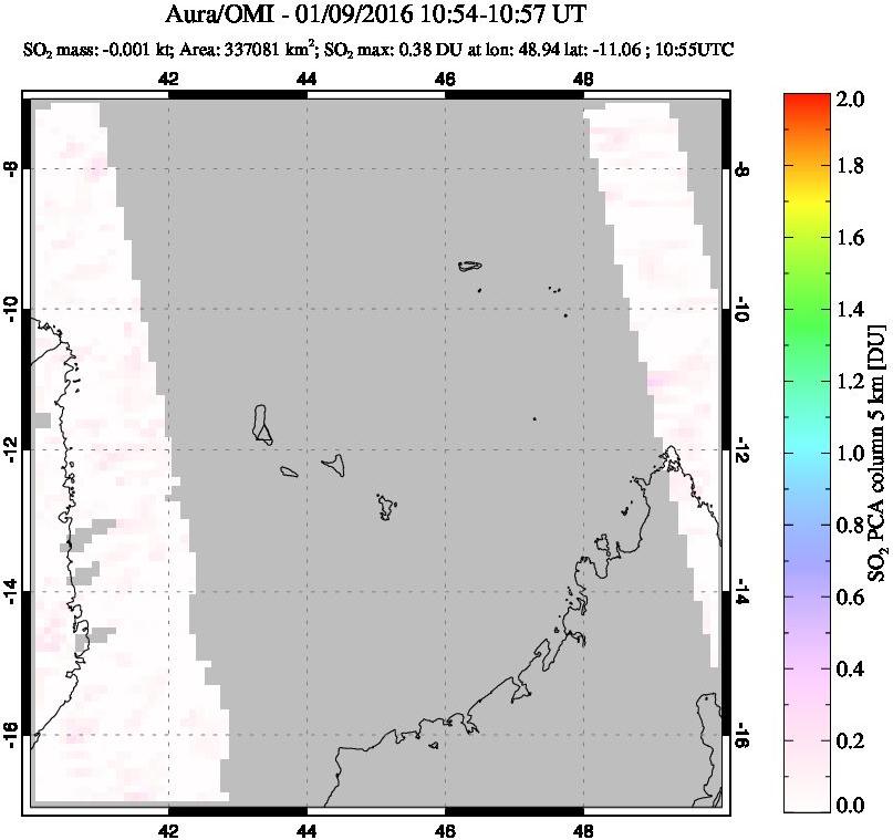 A sulfur dioxide image over Comoro Islands on Jan 09, 2016.