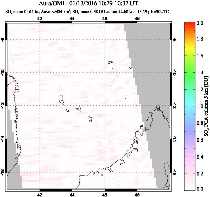 A sulfur dioxide image over Comoro Islands on Jan 13, 2016.