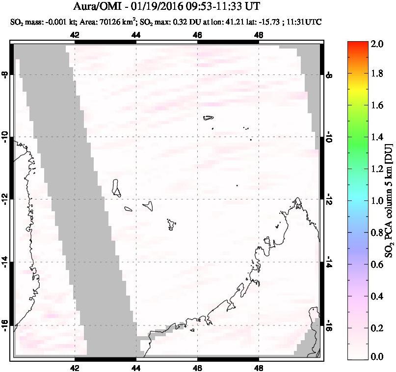 A sulfur dioxide image over Comoro Islands on Jan 19, 2016.