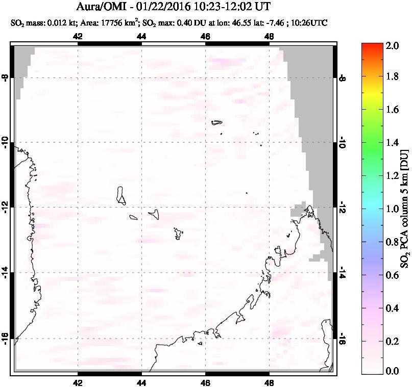 A sulfur dioxide image over Comoro Islands on Jan 22, 2016.