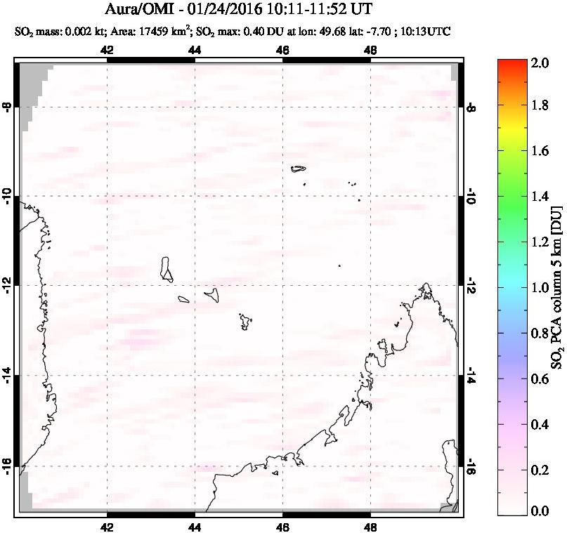 A sulfur dioxide image over Comoro Islands on Jan 24, 2016.
