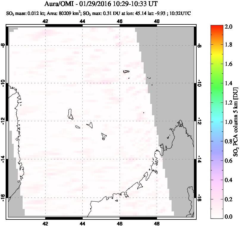 A sulfur dioxide image over Comoro Islands on Jan 29, 2016.