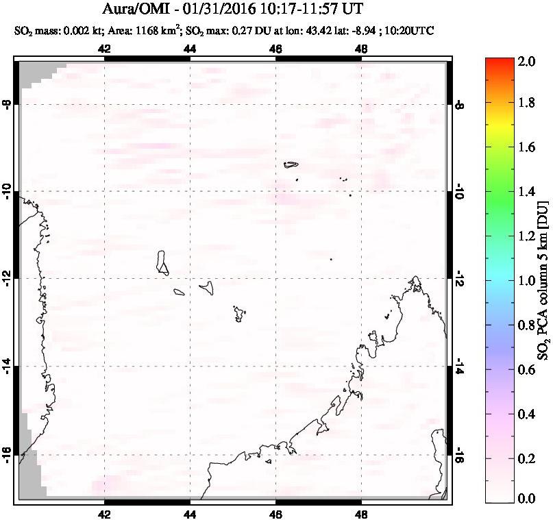 A sulfur dioxide image over Comoro Islands on Jan 31, 2016.