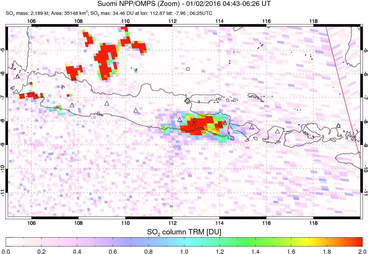 A sulfur dioxide image over Java, Indonesia on Jan 02, 2016.