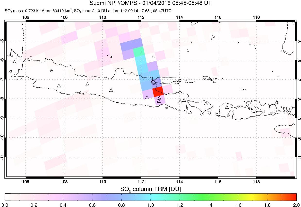 A sulfur dioxide image over Java, Indonesia on Jan 04, 2016.