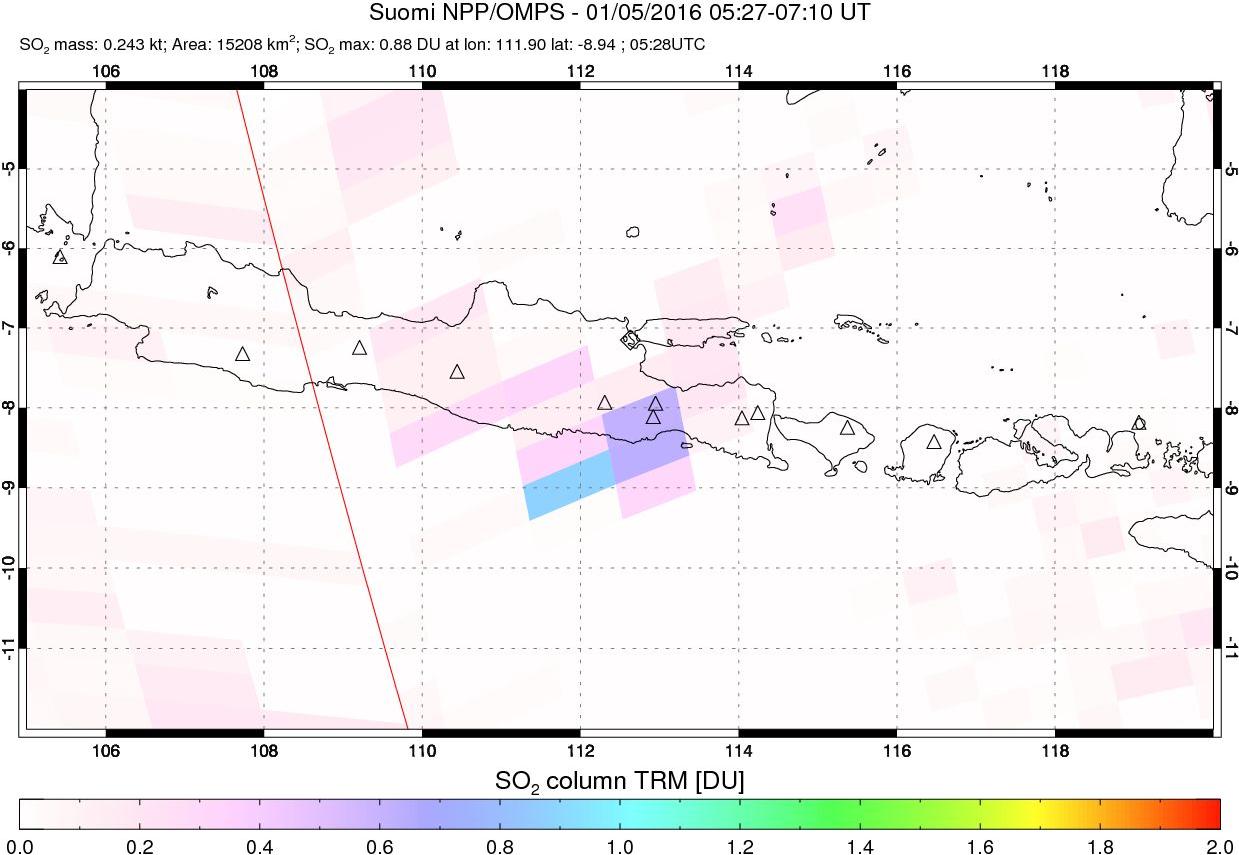 A sulfur dioxide image over Java, Indonesia on Jan 05, 2016.