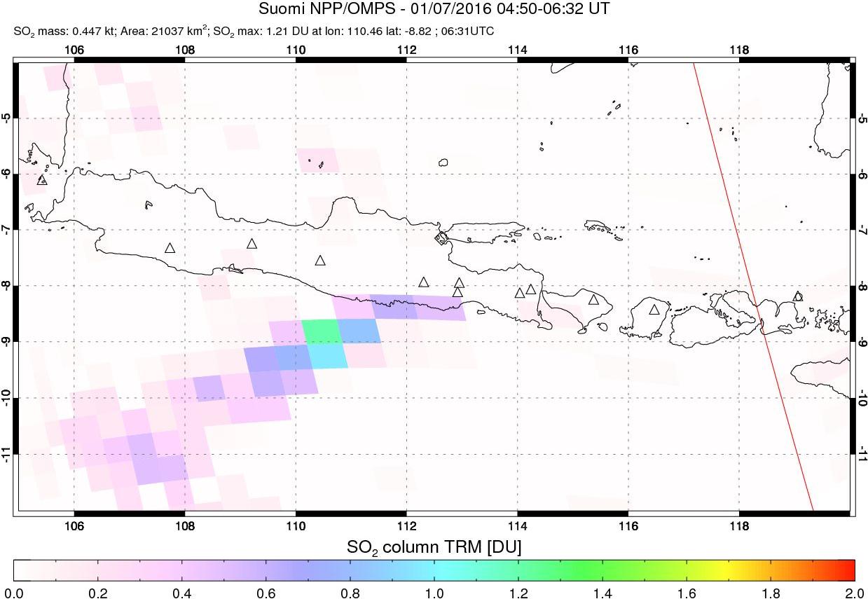 A sulfur dioxide image over Java, Indonesia on Jan 07, 2016.