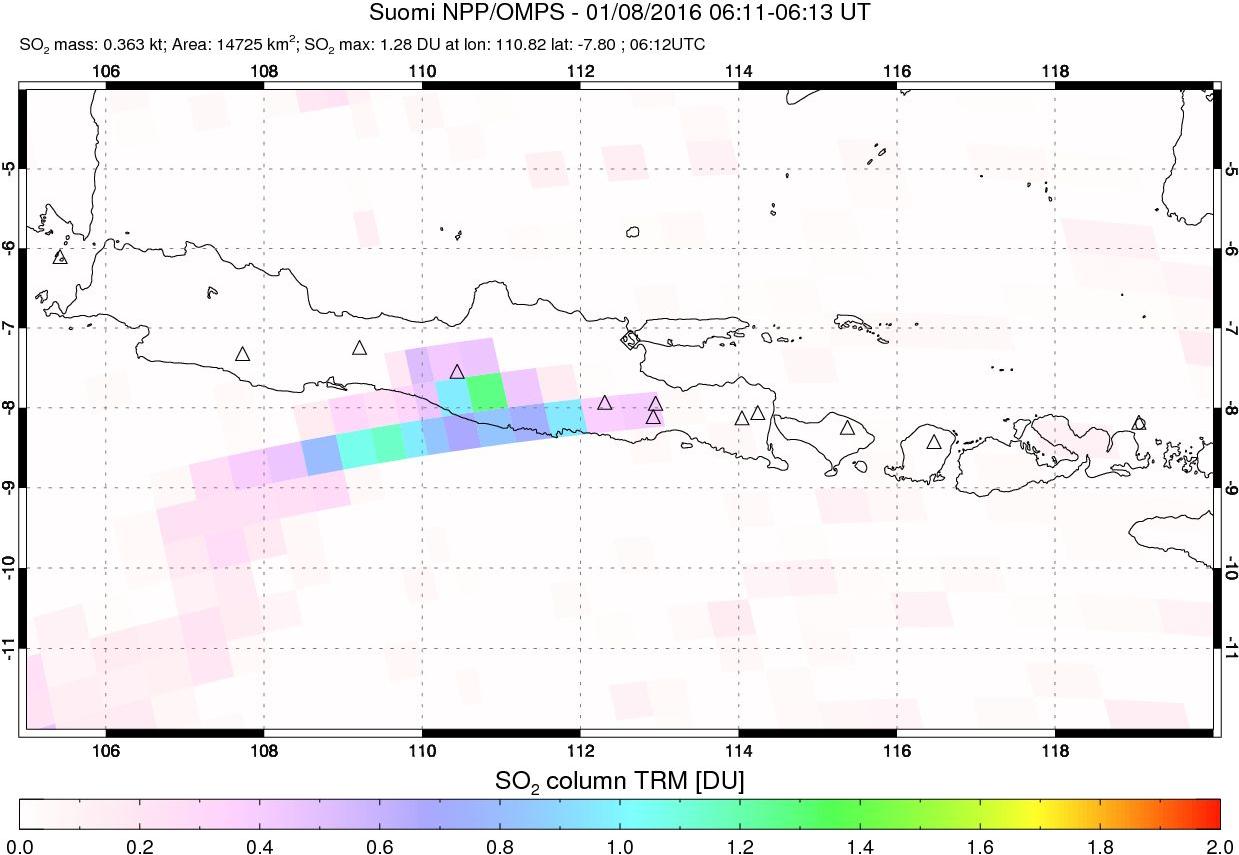 A sulfur dioxide image over Java, Indonesia on Jan 08, 2016.