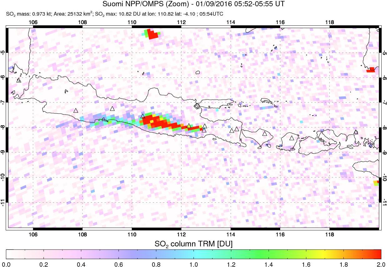 A sulfur dioxide image over Java, Indonesia on Jan 09, 2016.