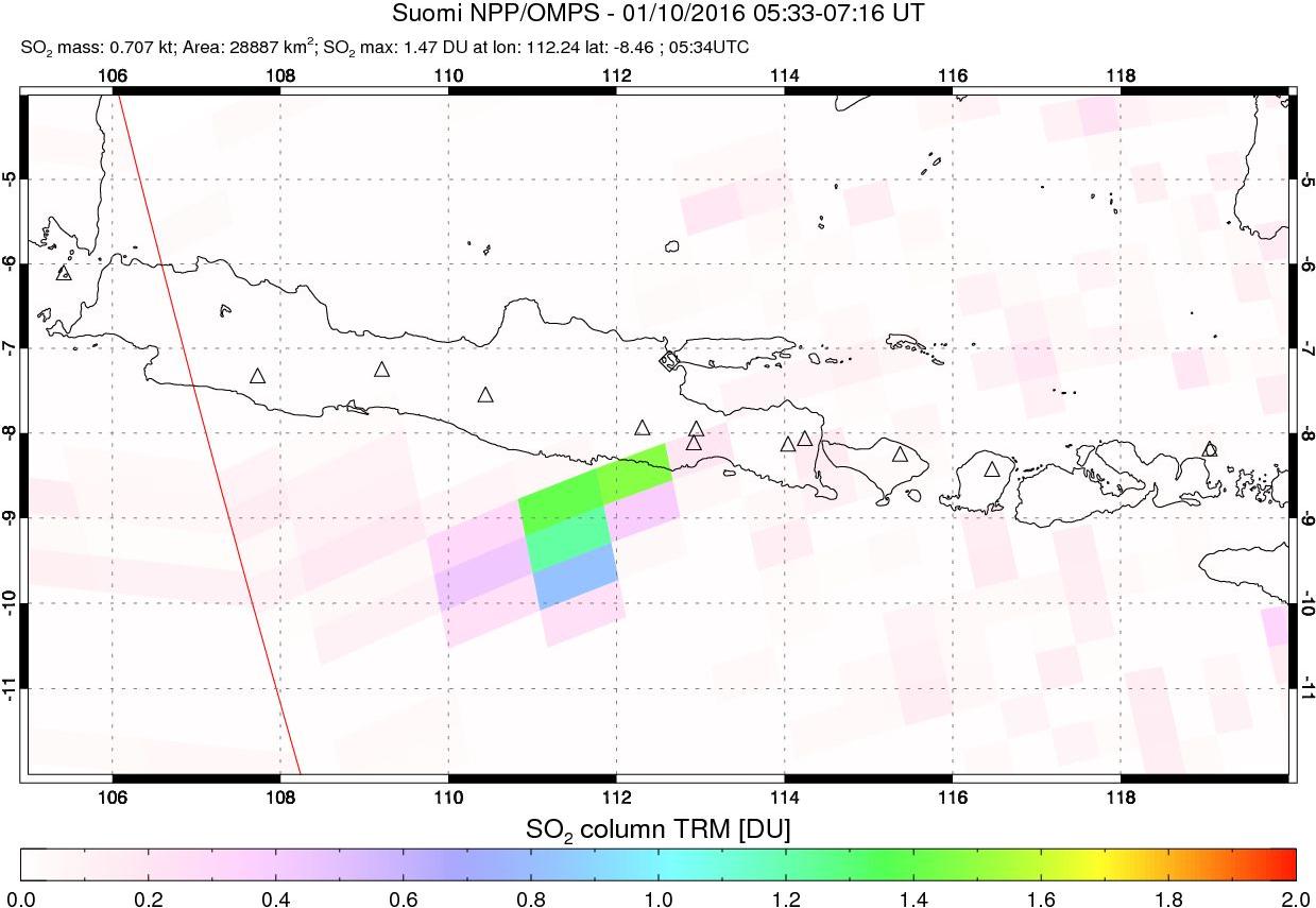 A sulfur dioxide image over Java, Indonesia on Jan 10, 2016.