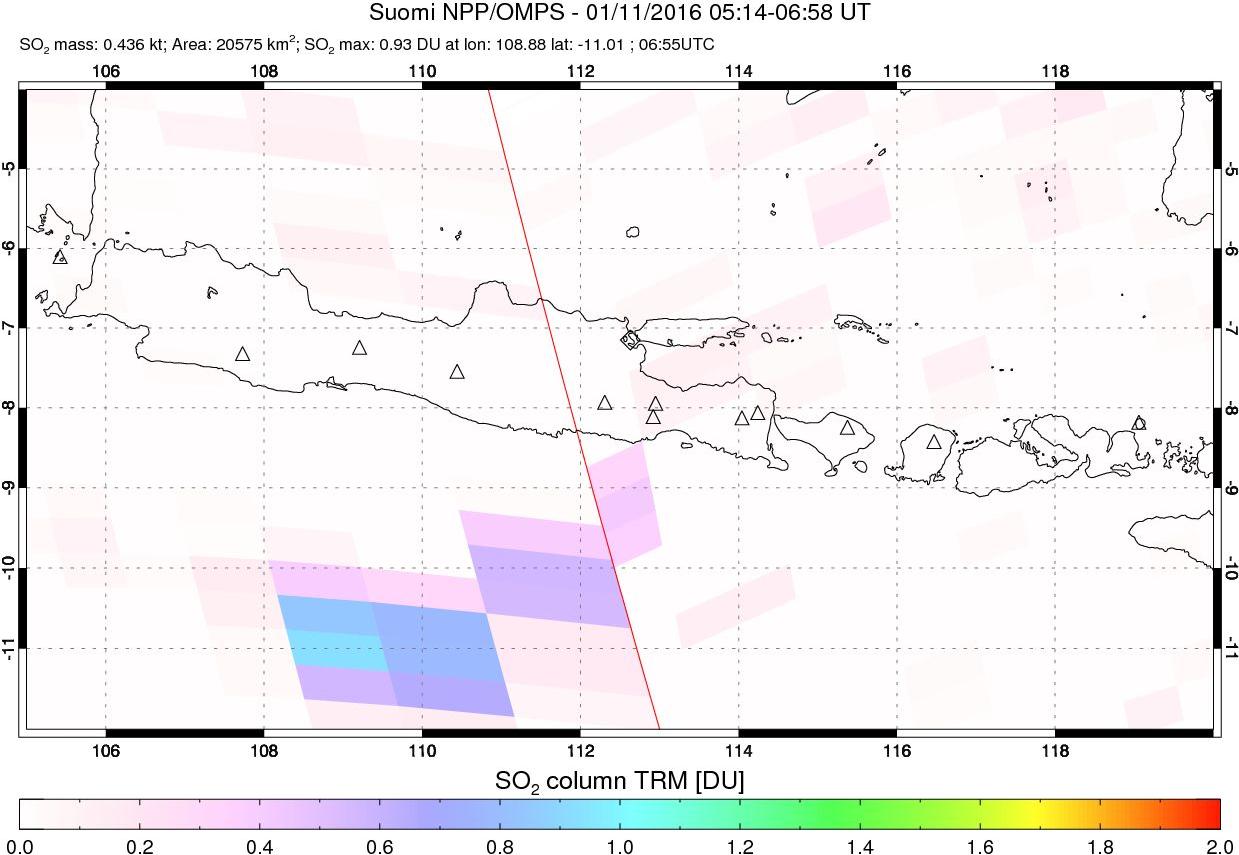 A sulfur dioxide image over Java, Indonesia on Jan 11, 2016.