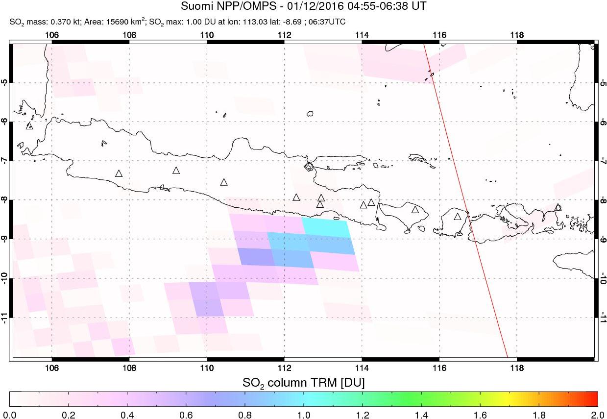 A sulfur dioxide image over Java, Indonesia on Jan 12, 2016.
