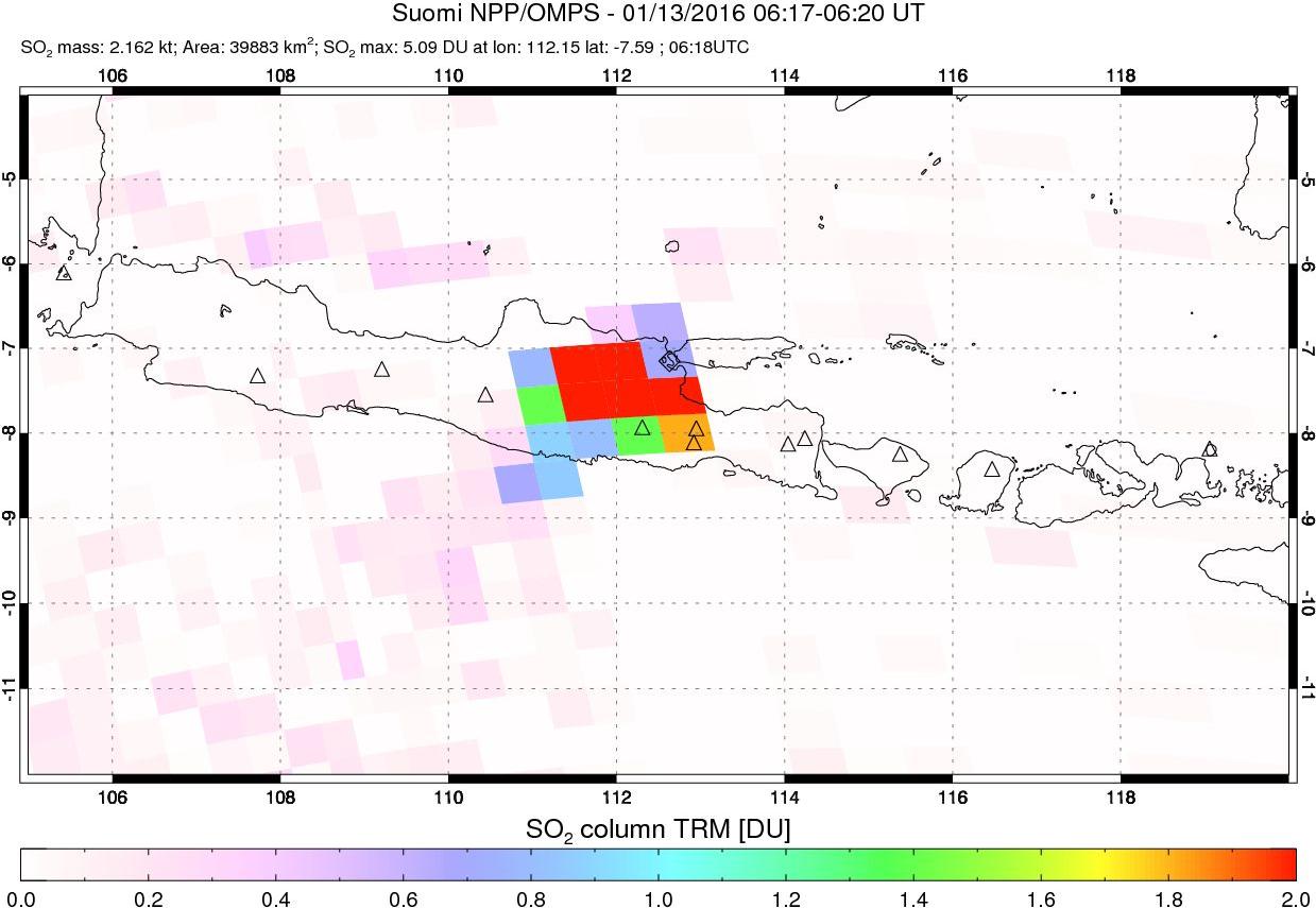 A sulfur dioxide image over Java, Indonesia on Jan 13, 2016.