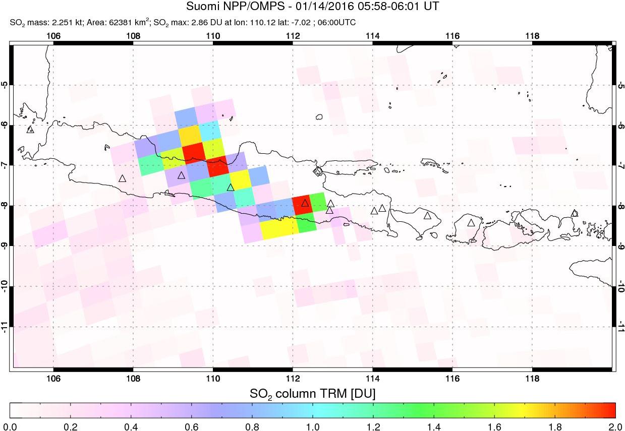 A sulfur dioxide image over Java, Indonesia on Jan 14, 2016.