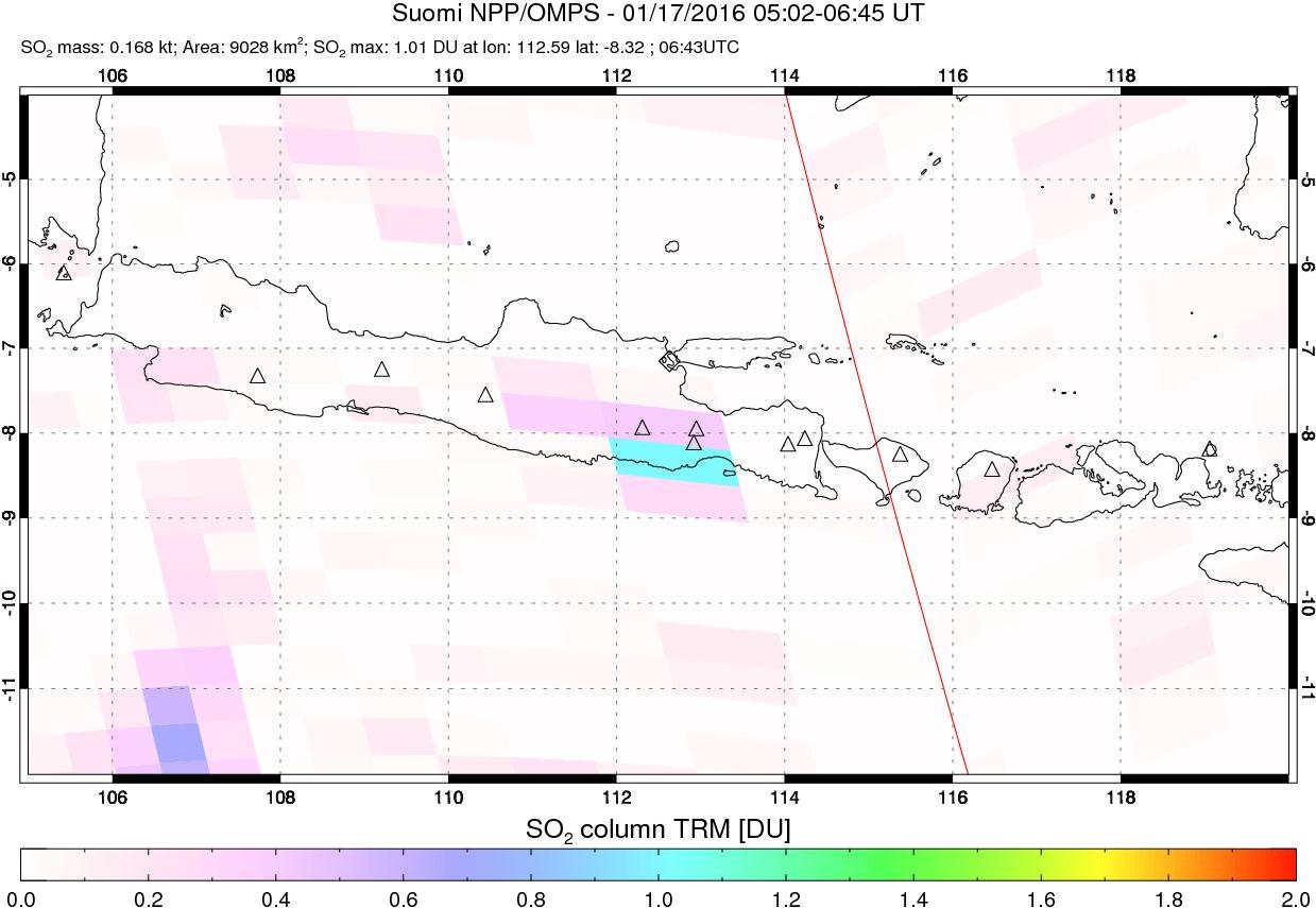 A sulfur dioxide image over Java, Indonesia on Jan 17, 2016.