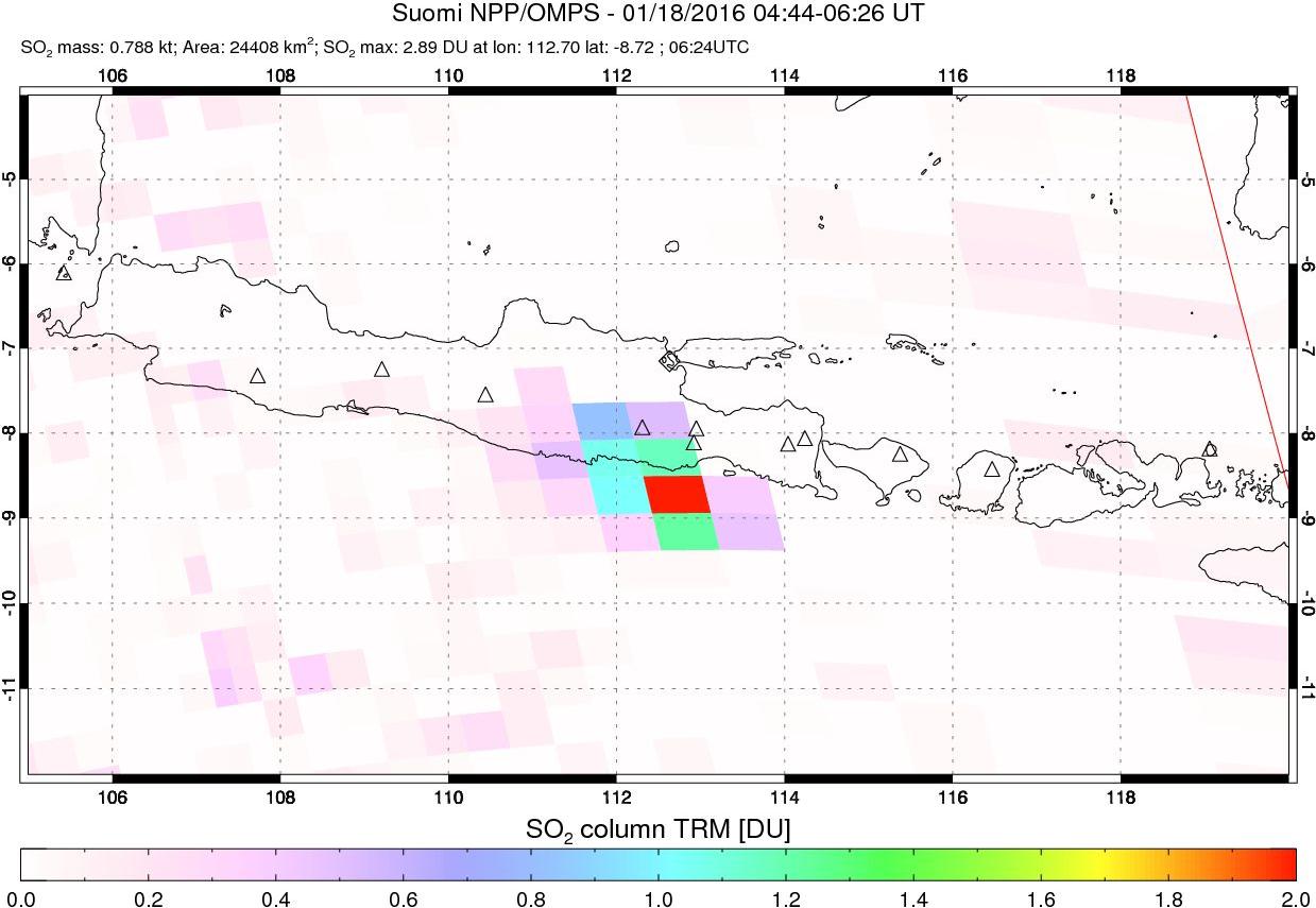 A sulfur dioxide image over Java, Indonesia on Jan 18, 2016.