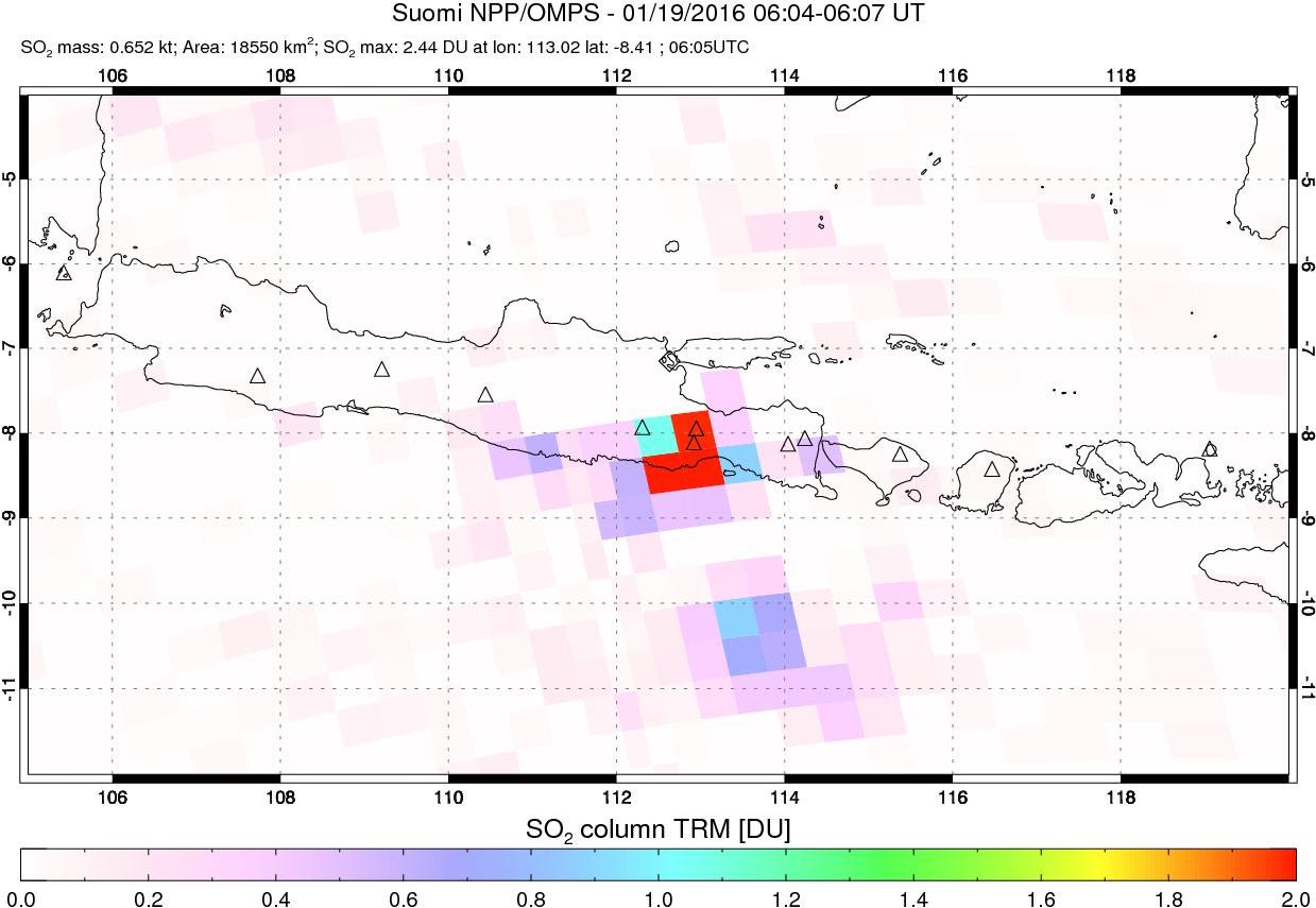 A sulfur dioxide image over Java, Indonesia on Jan 19, 2016.