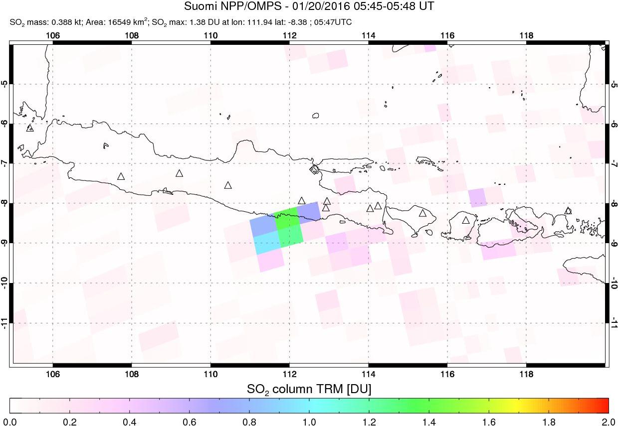 A sulfur dioxide image over Java, Indonesia on Jan 20, 2016.