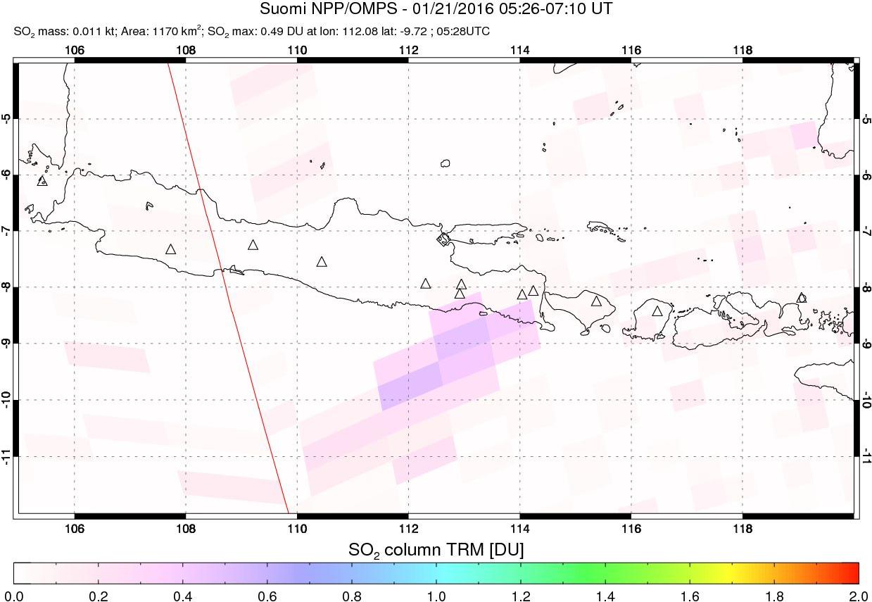 A sulfur dioxide image over Java, Indonesia on Jan 21, 2016.