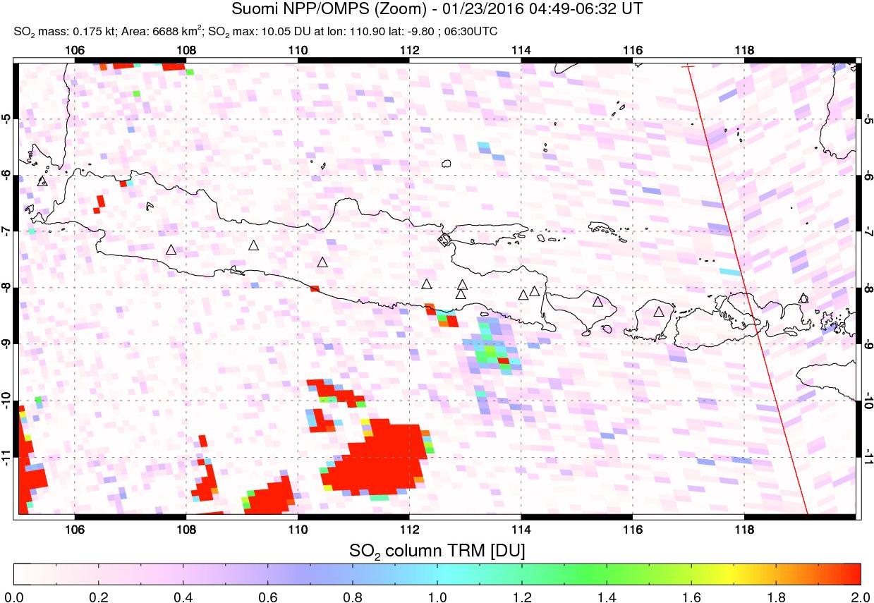 A sulfur dioxide image over Java, Indonesia on Jan 23, 2016.