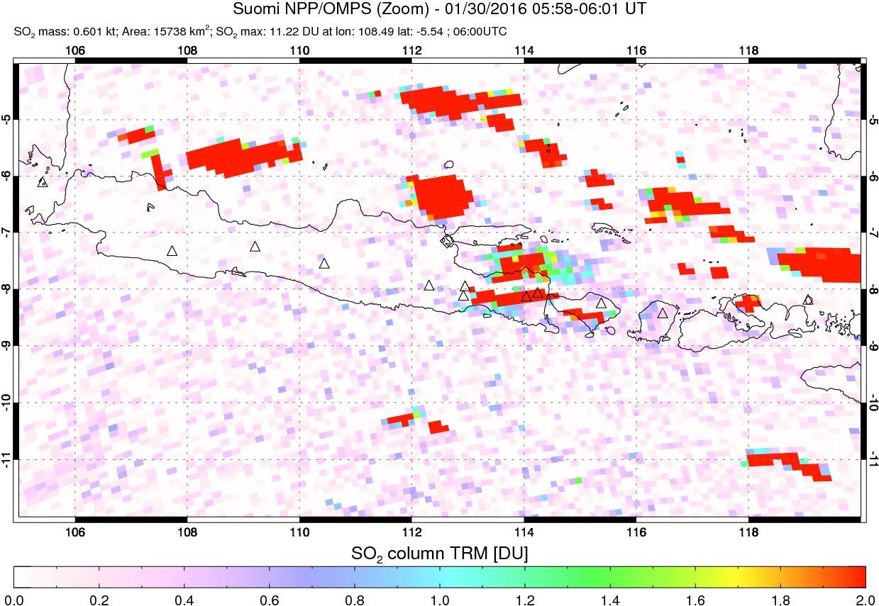 A sulfur dioxide image over Java, Indonesia on Jan 30, 2016.