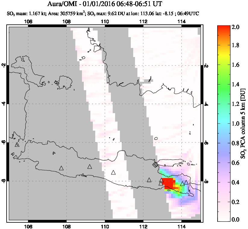 A sulfur dioxide image over Java, Indonesia on Jan 01, 2016.
