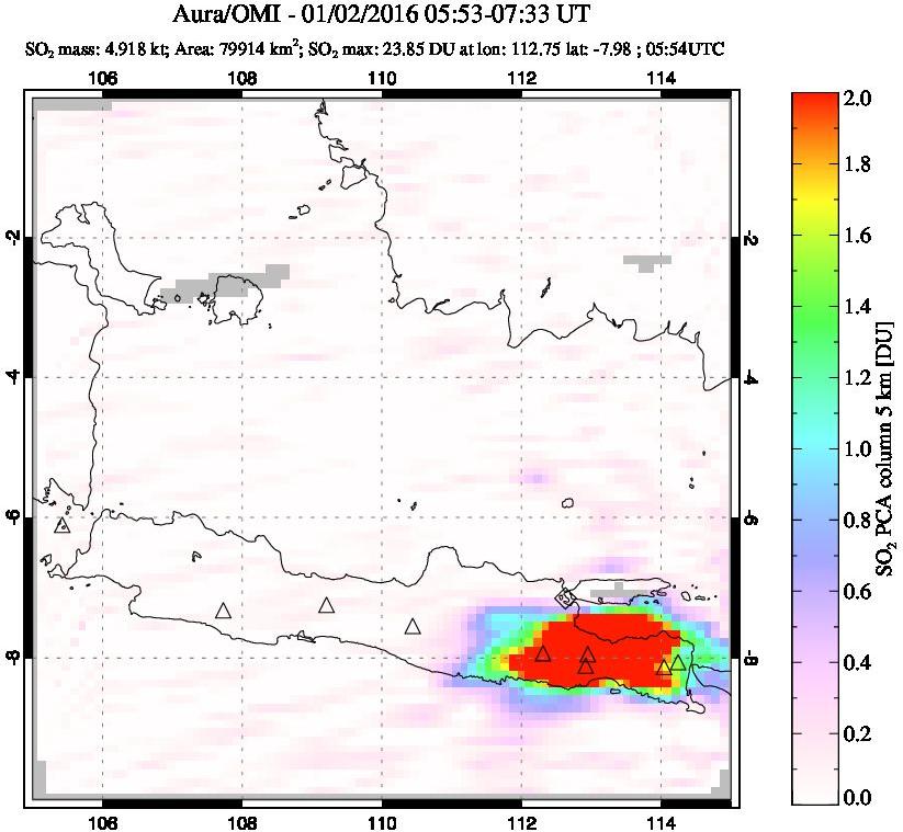A sulfur dioxide image over Java, Indonesia on Jan 02, 2016.