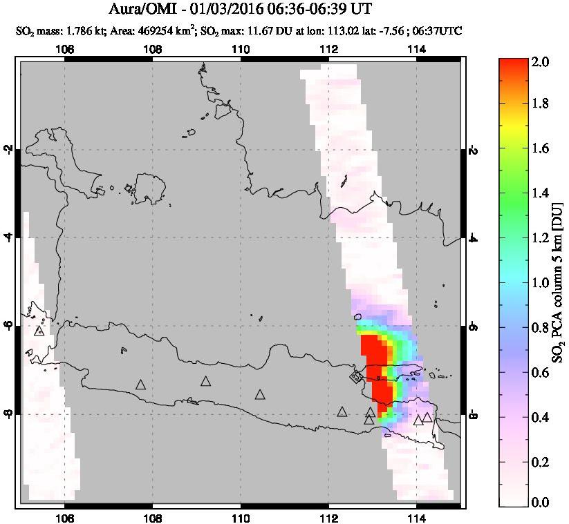 A sulfur dioxide image over Java, Indonesia on Jan 03, 2016.