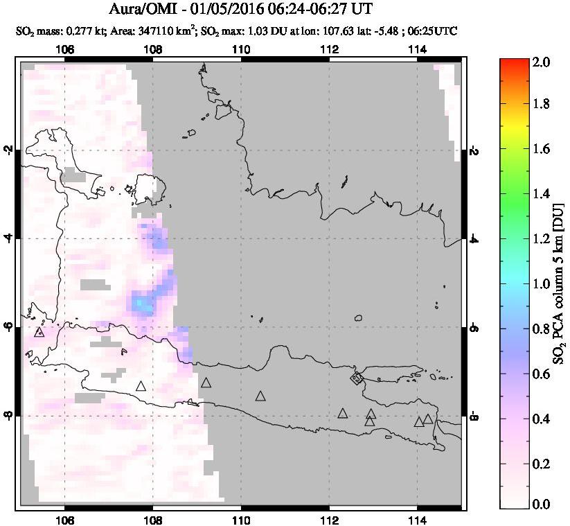 A sulfur dioxide image over Java, Indonesia on Jan 05, 2016.