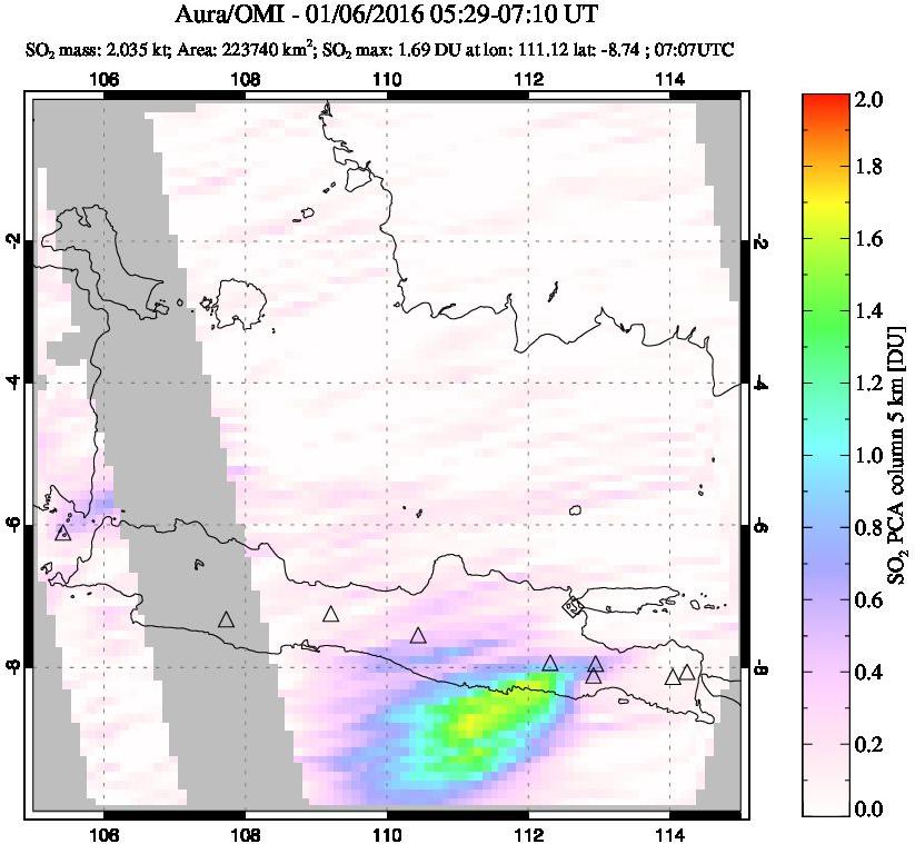 A sulfur dioxide image over Java, Indonesia on Jan 06, 2016.