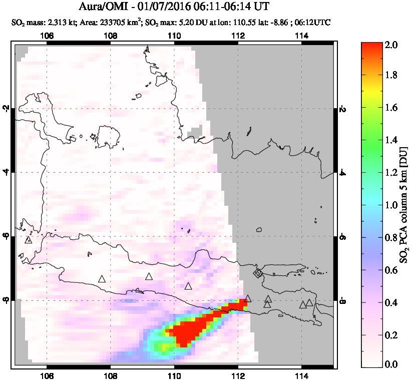 A sulfur dioxide image over Java, Indonesia on Jan 07, 2016.