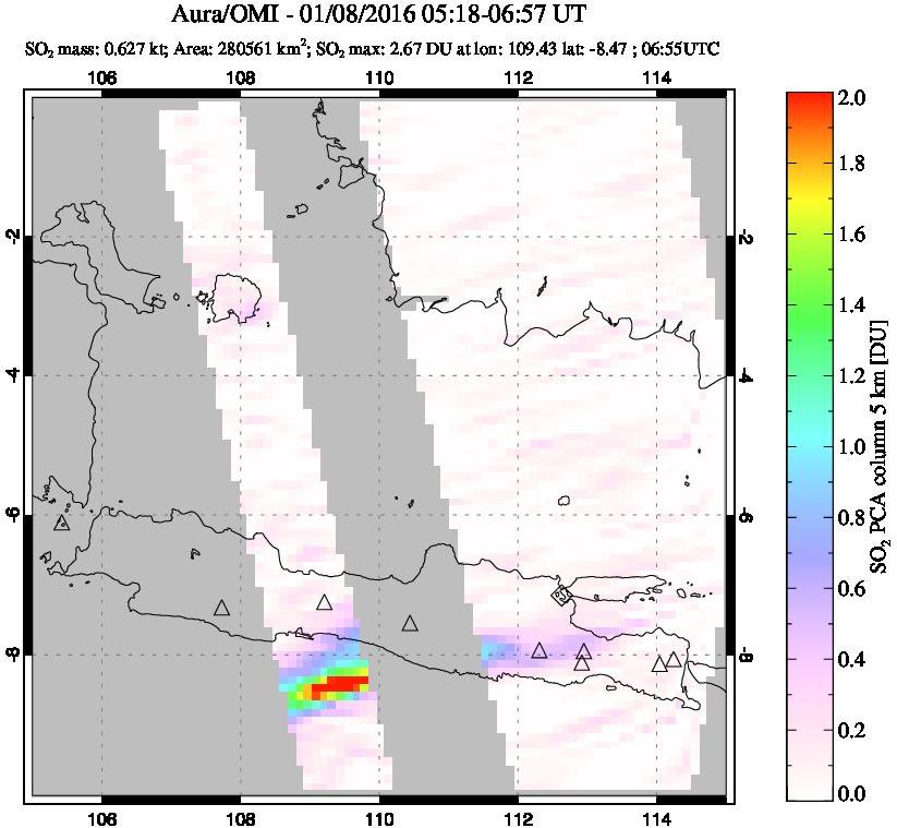A sulfur dioxide image over Java, Indonesia on Jan 08, 2016.
