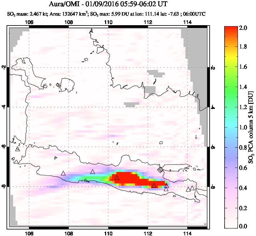 A sulfur dioxide image over Java, Indonesia on Jan 09, 2016.