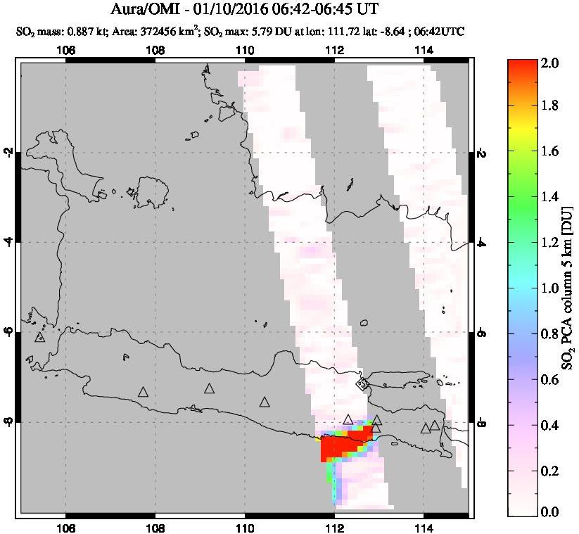 A sulfur dioxide image over Java, Indonesia on Jan 10, 2016.