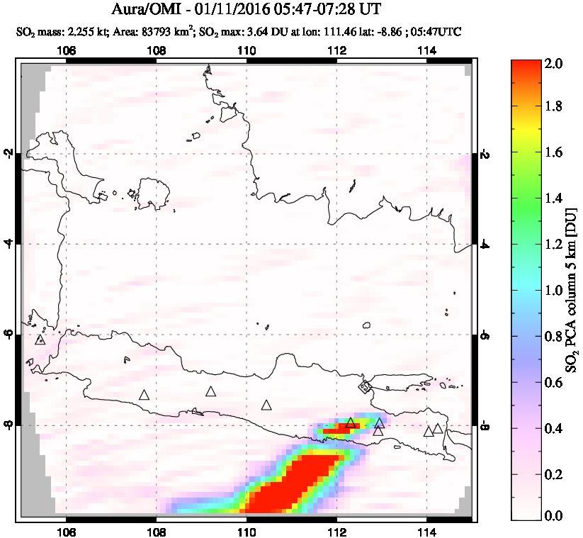 A sulfur dioxide image over Java, Indonesia on Jan 11, 2016.